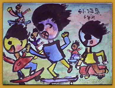 《滑滑板》儿童画